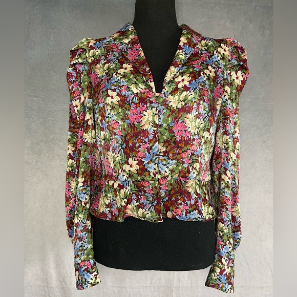 Floral puff sleeve button up blouse with Peter Pan collar size small - Picture 1 of 9